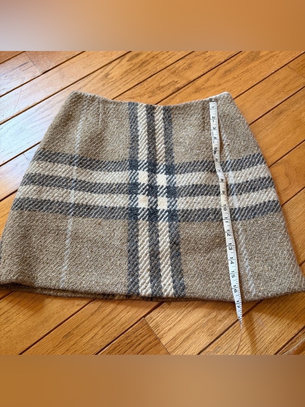 Burberry Plaid Wool Mini Skirt in Taupe, Gray, and Cream - Picture 2 of 8